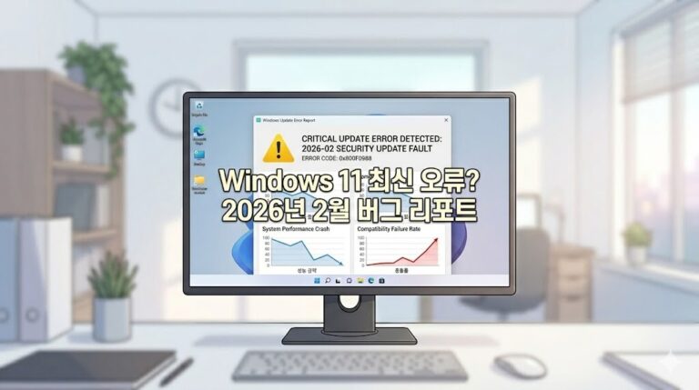 Windows 11 최신 오류 및 2026년 2월 버그 리포트 타이틀 텍스트가 정중앙에 배치된 썸네일 이미지