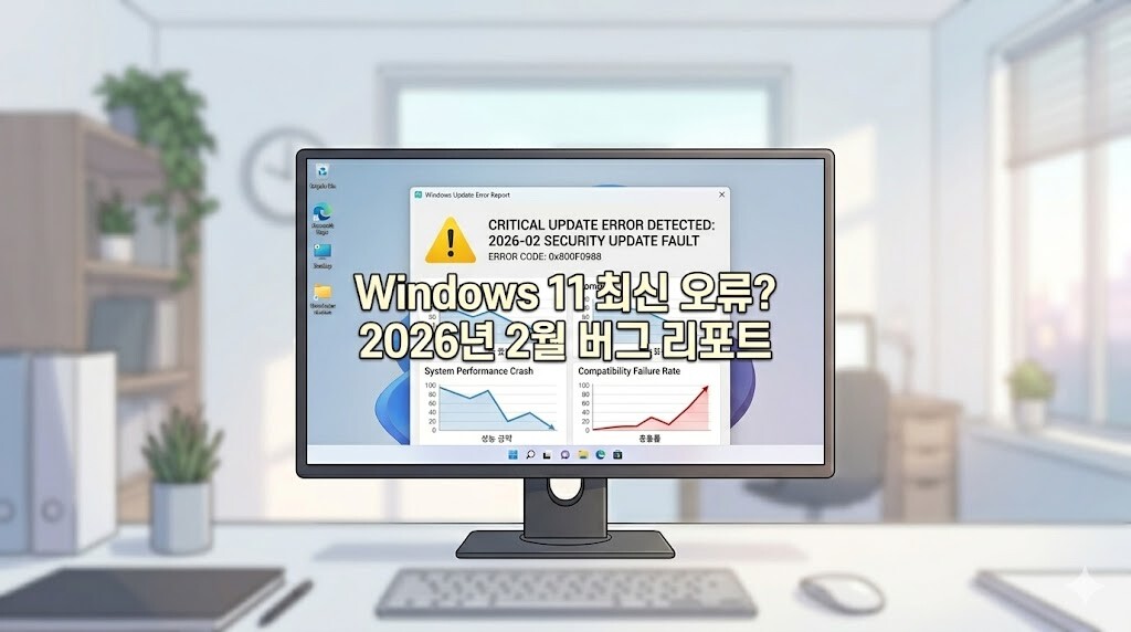 Windows 11 최신 오류 및 2026년 2월 버그 리포트 타이틀 텍스트가 정중앙에 배치된 썸네일 이미지