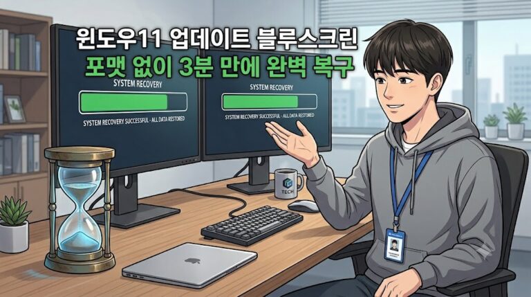 업데이트 후 블루스크린(BSOD) 무한 부팅 발생 시 중지 코드별 원인 분석 및 포맷 없이 복구 지점 되돌리는 법 타이틀이 적힌 시스템 복구 완료 화면 일러스트