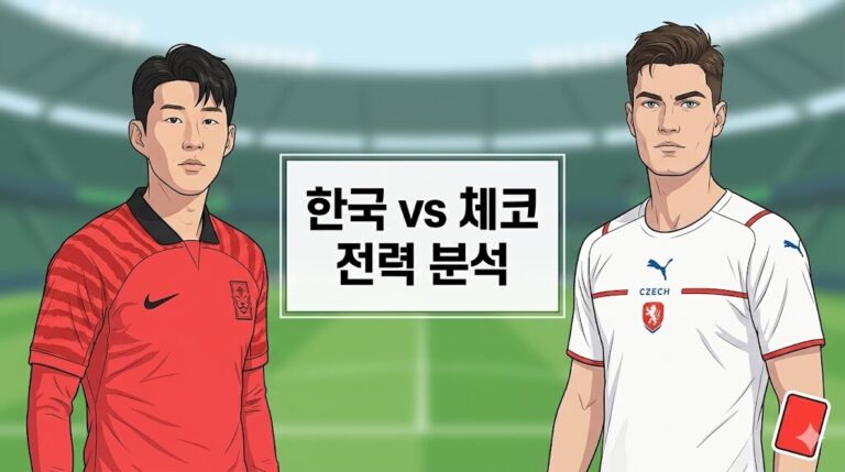 손흥민과 파트리트 쉬크 일러스트 및 한국 vs 체코 승리 확률 분석 타이틀이 담긴 월드컵 썸네일 이미지