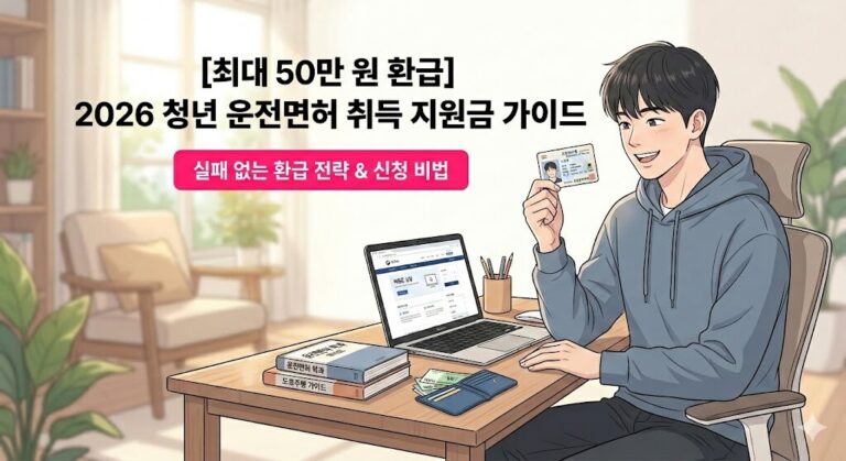 '[최대 50만 원 환급] 2026 청년 운전면허 취득 지원금 가이드' 문구와 '실패 없는 환급 전략 & 신청 비법' 핫핑크 포인트 버튼이 중앙에 정갈하게 합성된 블로그 대표 썸네일 이미지.