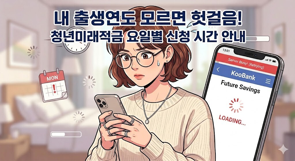 청년미래적금 요일별 신청 시간을 확인하기 위해 스마트폰으로 은행 앱 서버 현황을 체크하는 모습