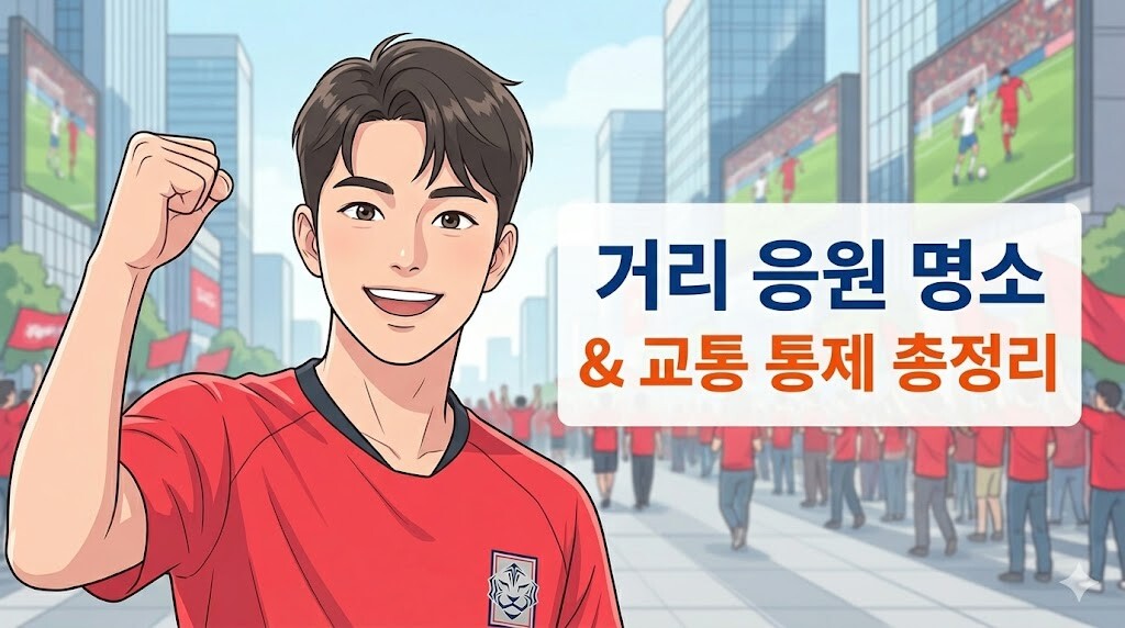 붉은색 국가대표 유니폼을 입은 20대 남성 응원단 일러스트 배경에 월드컵 거리 응원 명소 및 교통 통제 총정리 타이틀을 배치한 블로그 대표 썸네일 이미지