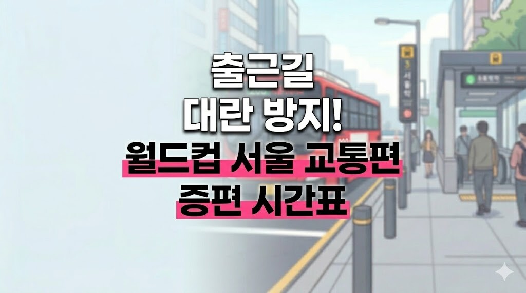 바쁘게 움직이는 서울 도심 출근길 도로와 버스를 배경으로, 정중앙에 크기를 줄여 정갈하게 배치한 출근길 대란 방지 월드컵 거리 응원 서울 교통편 증편 시간표 타이틀 텍스트가 들어간 웹툰풍 블로그 썸네일