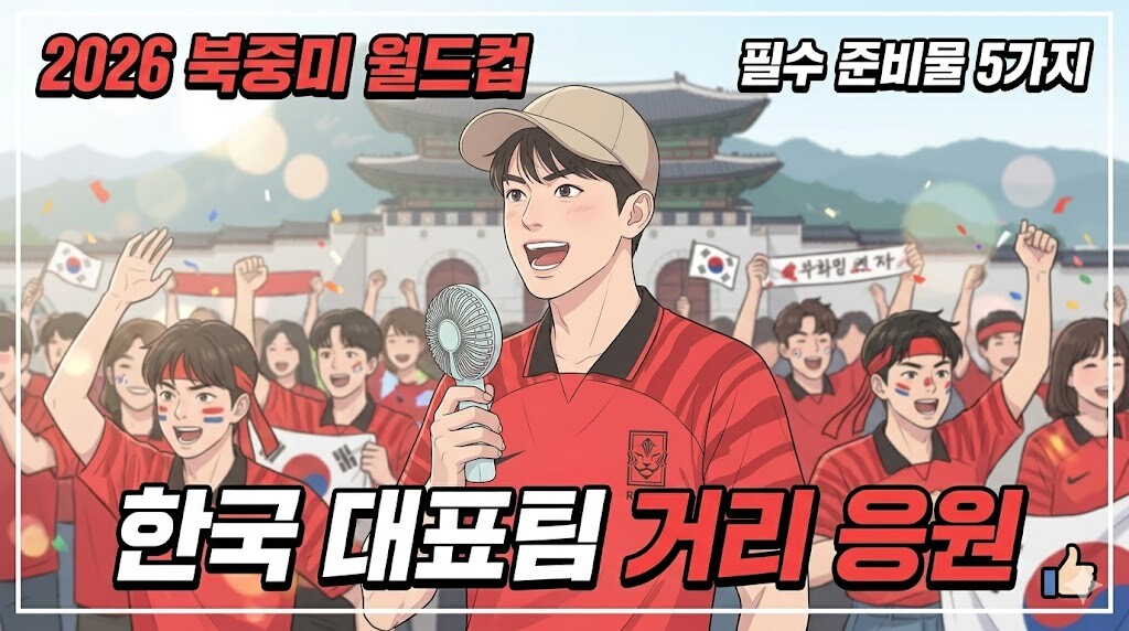 광화문광장 대형 전광판 앞에서 붉은 유니폼을 입은 붉은악마 응원단의 리더 다온(남성)이 목걸이 선풍기, 썬캡, 종이 의자 등 월드컵 거리 응원 필수 준비물 5가지를 챙겨 환호하는 고품질 웹툰풍 썸네일 이미지
