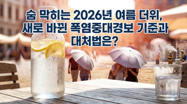 숨 막히는 2026년 여름 더위 속에서 새로 바뀐 폭염중대경보 기준과 대처법을 설명하는 얼음물 유리병 및 양산 쓴 시민들의 대표 이미지