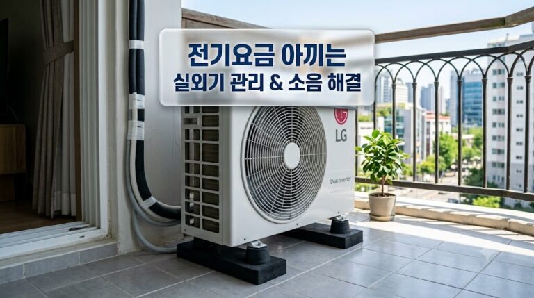 햇빛 차양막 커버와 진동 방진 패드가 깔끔하게 설치된 2026년 에어컨 실외기 관리 및 소음 줄이는 꿀팁 대표 이미지
