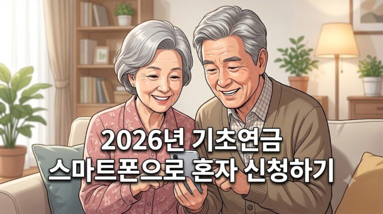 2026년 기초연금 스마트폰으로 혼자 신청하기 방법을 다정하게 알아보는 노부부 일러스트 대표 이미지