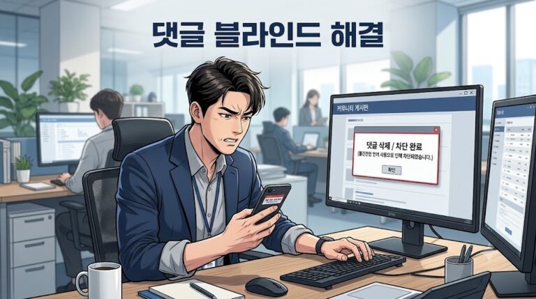2026년 커뮤니티 댓글 블라인드 오류로 인해 모니터를 보며 답답해하는 이용자의 모습