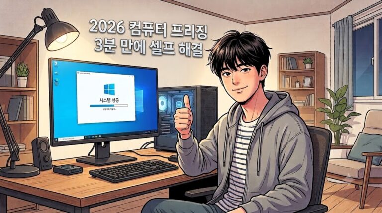 2026년 컴퓨터 멈춤 현상 프리징 문제를 해결하고 웃으며 최고를 표현하는 남성의 웹툰풍 일러스트