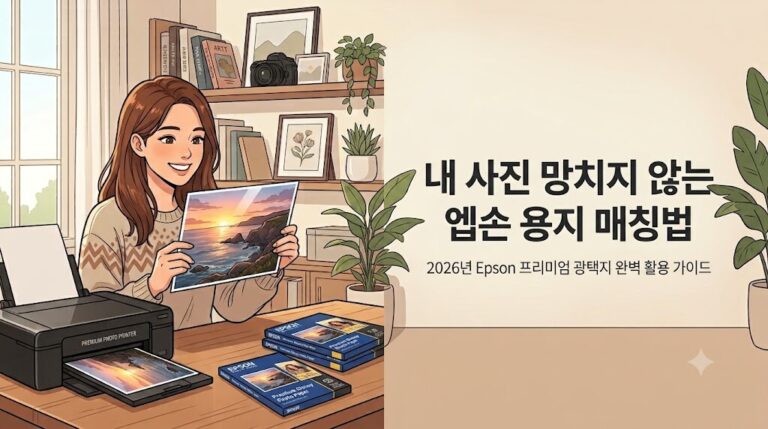 2026년 에프손 포토 프린터 유저를 위해 내 사진 망치지 않는 엡손 용지 매칭법과 Epson 프리미엄 광택지 완벽 활용 가이드라는 중앙 타이틀 텍스트가 삽입된 웹툰풍 일러스트 대표 이미지