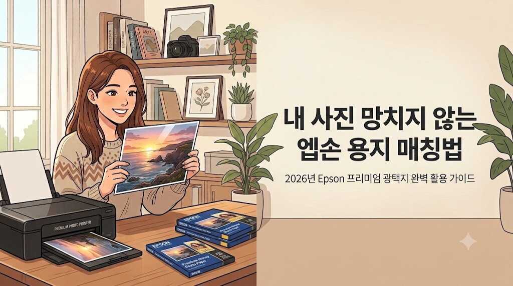 2026년 에프손 포토 프린터 유저를 위해 내 사진 망치지 않는 엡손 용지 매칭법과 Epson 프리미엄 광택지 완벽 활용 가이드라는 중앙 타이틀 텍스트가 삽입된 웹툰풍 일러스트 대표 이미지