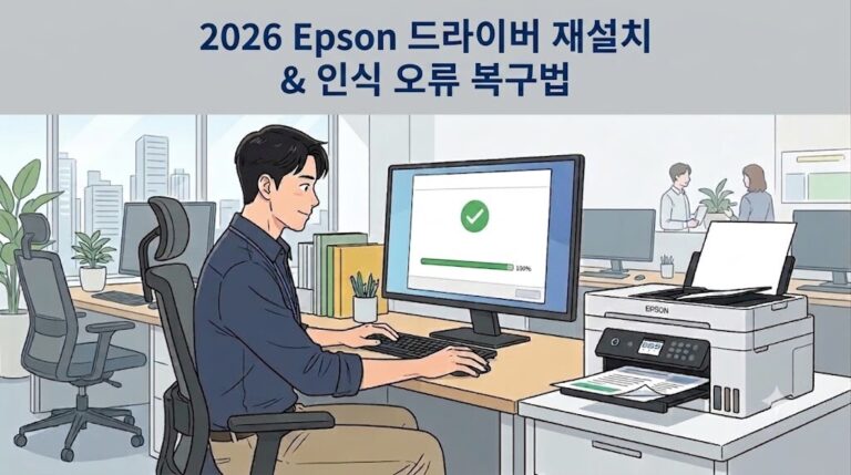 2026 Epson 드라이버 재설치 & 인식 오류 복구법 텍스트가 깔끔하게 들어간 상태에서, 모니터에 드라이버 설치가 완료된 화면을 띄워두고 직원이 미소 짓고 있는 기업 웹툰 스타일 이미지