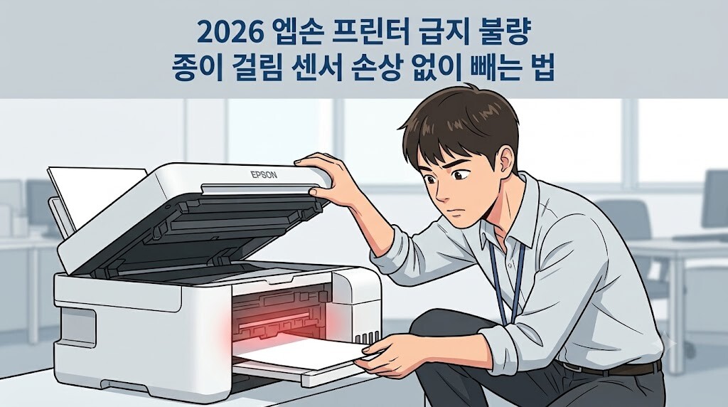 2026년 엡손 프린터 급지 불량 및 내부 종이 걸림 현상을 안전하게 해결하는 방법을 안내하는 웹툰풍 일러스트