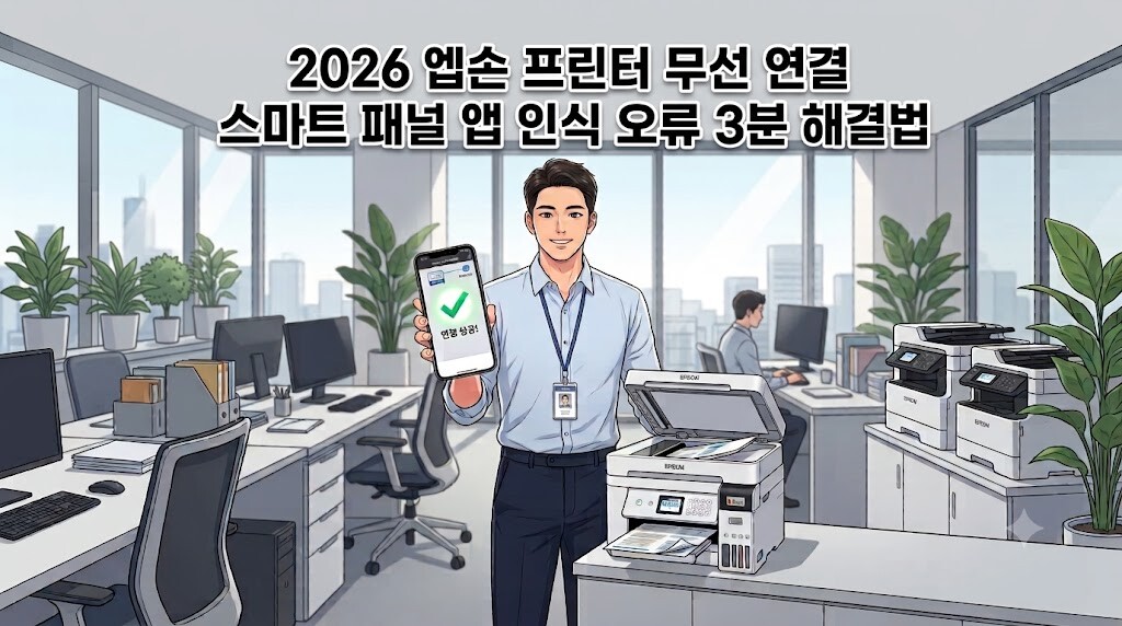 2026년형 엡손 프린터의 무선 프린팅 연결 및 Epson Smart Panel 앱 인식 오류를 3분 만에 해결한 웹툰 스타일 이미지