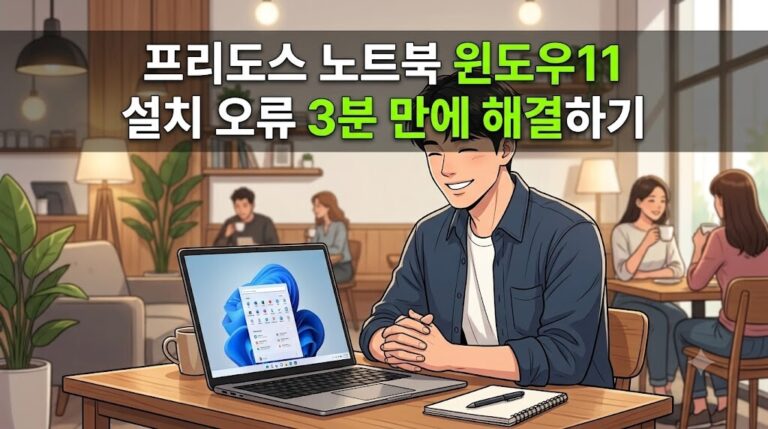 젊은 직장인이 카페에서 프리도스 노트북 윈도우11 설치 오류 3분 만에 해결하기 과정을 마치고 안도하는 대표 이미지