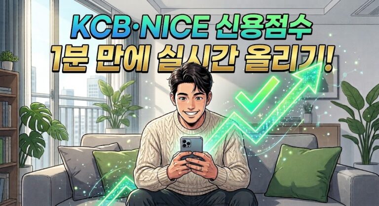2026년 KCB·NICE 신용점수 올리는 실생활 꿀팁 포스팅의 1분 만에 실시간으로 신용점수를 올리는 방법과 체크마크 그래프를 보여주는 대표 썸네일 이미지
