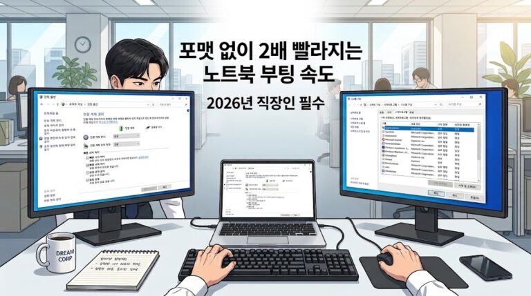 포맷 없이 2배 빨라지는 노트북 부팅 속도 문구가 삽입된 직장인 윈도우 설정 가이드 웹툰 스타일 썸네일 이미지