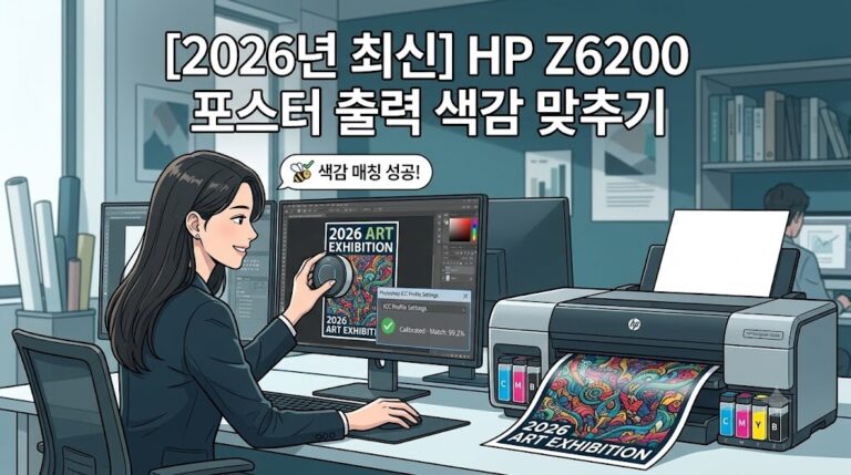 2026년 최신 HP Z6200 포스터 출력 색감 맞추기 세팅을 완료하고 만족해하는 디자이너의 친근한 웹툰 일러스트
