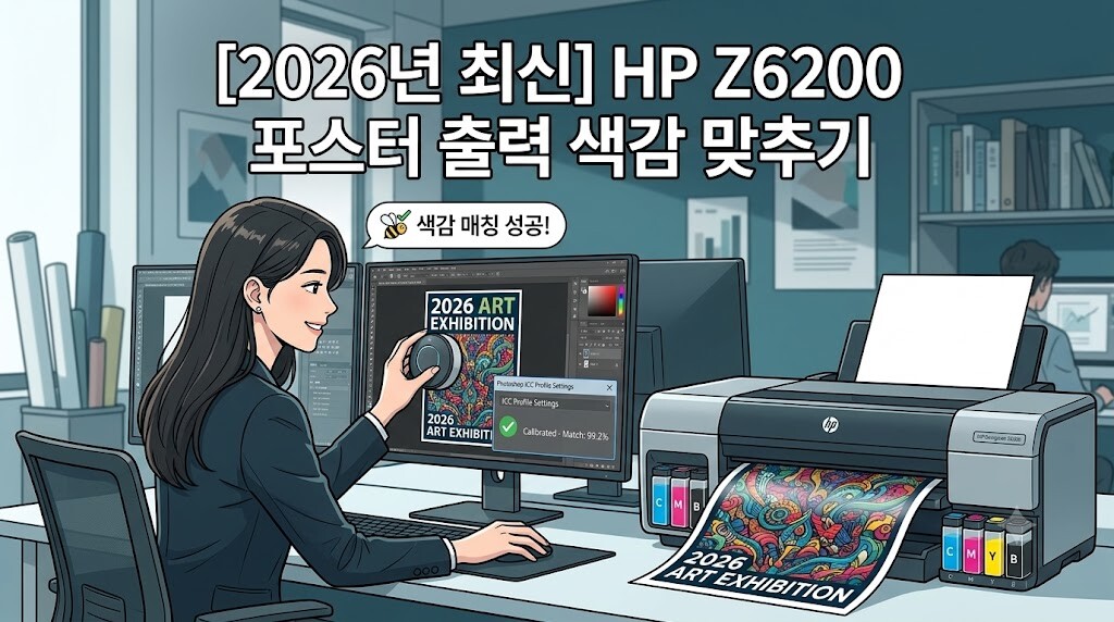 2026년 최신 HP Z6200 포스터 출력 색감 맞추기 세팅을 완료하고 만족해하는 디자이너의 친근한 웹툰 일러스트