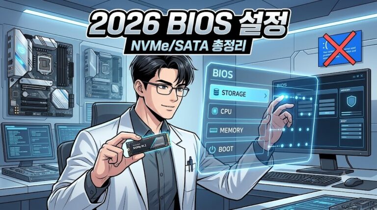 2026년 최신 메인보드 NVMe/SATA 바이오스(BIOS) 설정 변경을 통해 윈도우 업데이트 블루스크린 오류를 해결하는 스마트한 테크 전문가 일러스트