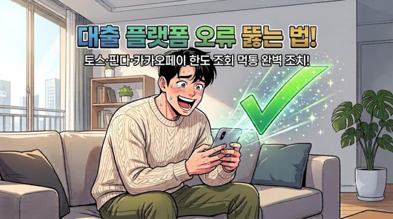 2026년 중저신용자 생활안정자금대출 비교 플랫폼 오류 1분 해결법 문구가 들어간 토스, 핀다, 카카오페이 한도 조회 먹통 해결 웹툰 일러스트 이미지