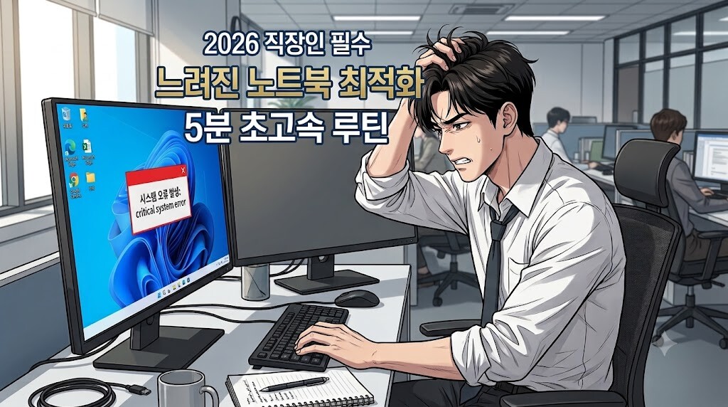 느려진 노트북 최적화 방법을 찾아보며 컴퓨터 화면 앞에서 난감해하는 직장인의 웹툰 스타일 썸네일 이미지