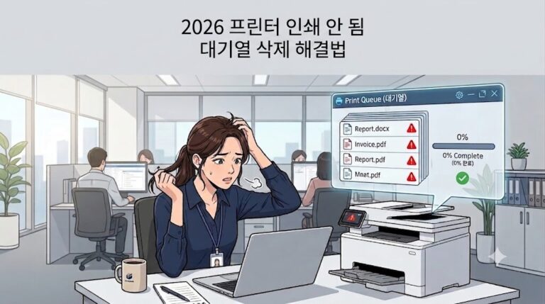 2026 프린터 인쇄 안 됨 대기열 삭제 해결법 텍스트가 상단에 깔끔하게 배치되고, 사무실에서 직원이 컴퓨터 모니터와 작동 중인 프린터를 바라보며 미소 짓고 있는 웹툰 스타일 이미지
