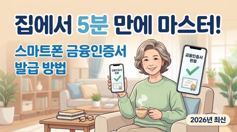 2026년 스마트폰 금융인증서 발급 방법을 안내하기 위해, 따뜻한 거실에서 미소를 지으며 '금융인증서 완료' 화면이 뜬 스마트폰을 들고 있는 세련된 시니어 여성의 모습을 담은 블로그 대표 썸네일 이미지