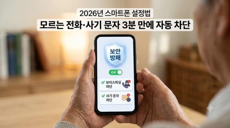 2026년 스마트폰 설정법으로 모르는 전화와 사기 문자를 3분 만에 자동 차단하는 스마트폰 화면을 보여주는 대표 이미지
