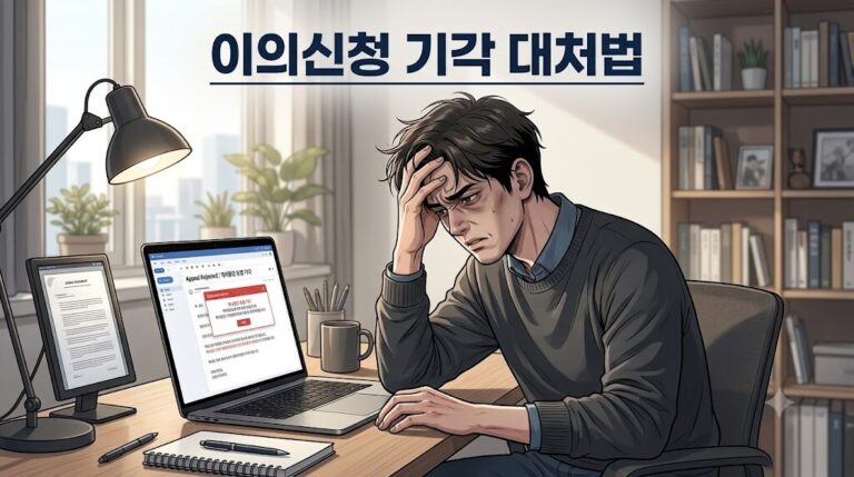 2026년 임시조치 이의신청 기각 메일을 확인하고 법적 대응 서식을 준비하는 이용자의 모습
