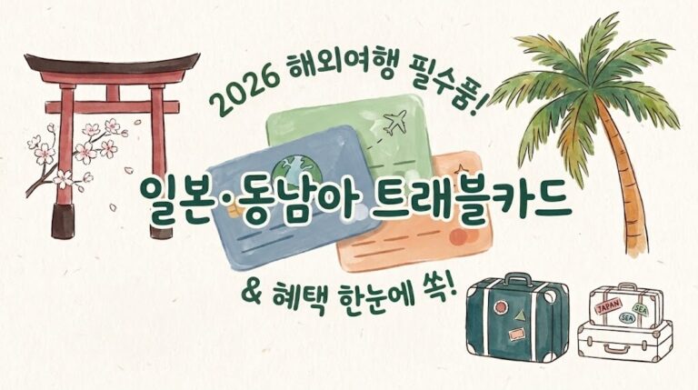 2026년 해외여행을 위한 주요 트래블카드(트래블월렛, 트래블로그, SOL트래블)의 일본 및 동남아 현지 수수료와 혜택을 비교 정돈하여 나타낸 수채화 손그림 일러스트 썸네일 이미지