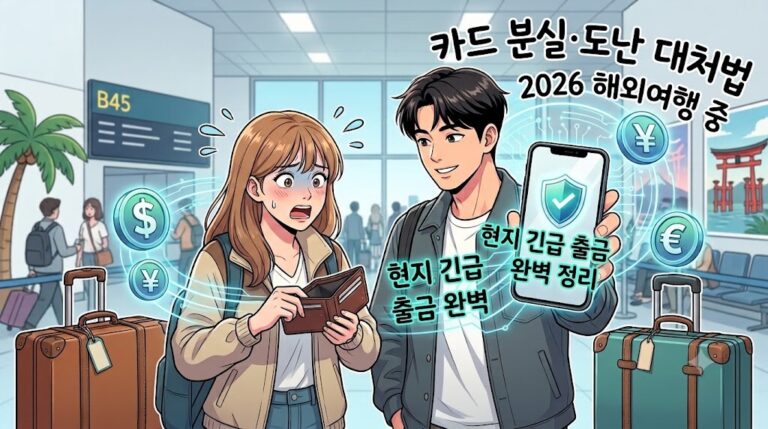 2026년 해외여행 중 공항에서 카드를 분실해 당황한 여성이 스마트폰 앱의 긴급 출금 및 잠금 서비스로 문제를 해결하는 모습을 담은 트렌디한 웹툰 스타일 대표 이미지