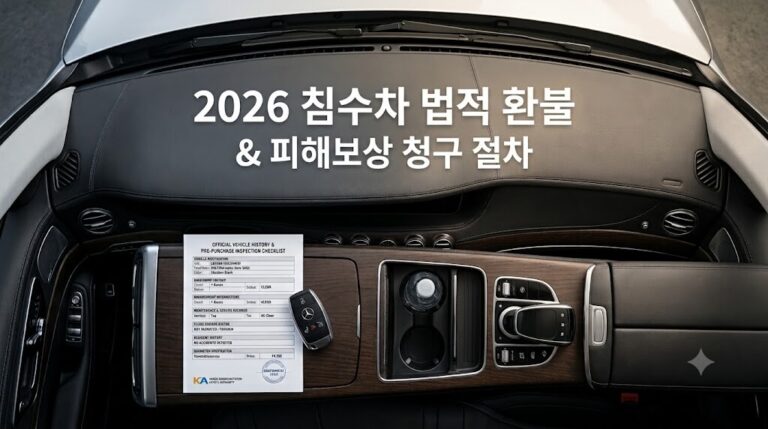 2026 침수차 법적 환불 및 중고차 피해보상 청구 절차 타이틀 텍스트가 선명하게 삽입된 차량 내부 대시보드 대표 썸네일 이미지