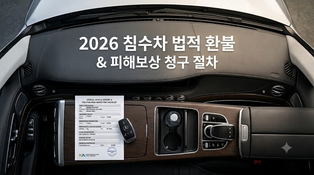 2026 침수차 법적 환불 및 중고차 피해보상 청구 절차 타이틀 텍스트가 선명하게 삽입된 차량 내부 대시보드 대표 썸네일 이미지