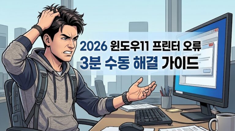 2026년 윈도우11 프린터 오류 문제를 해결하기 위해 모니터를 보며 수동 조치법을 찾는 젊은 대학생의 웹툰 일러스트 화면