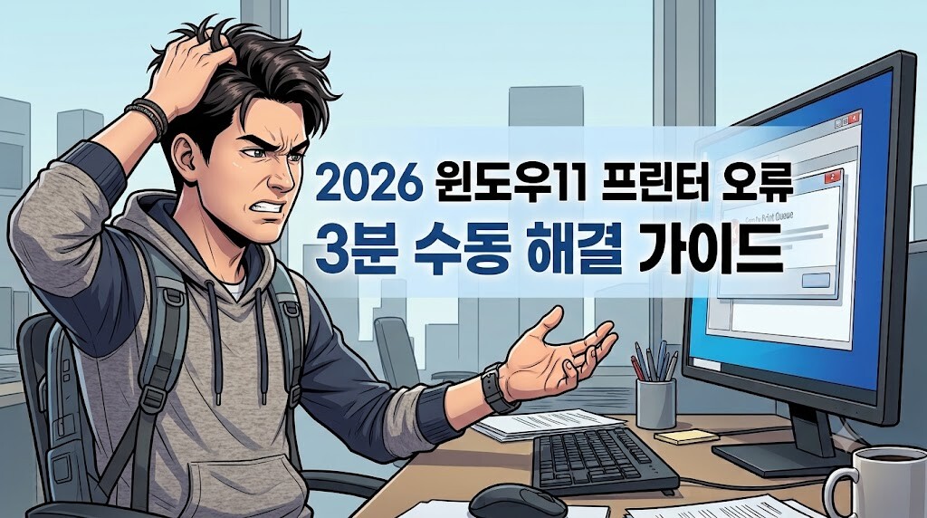 2026년 윈도우11 프린터 오류 문제를 해결하기 위해 모니터를 보며 수동 조치법을 찾는 젊은 대학생의 웹툰 일러스트 화면