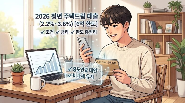 2026년 청년 주택드림 대출 조건과 최저 2.2% 금리, 6억 원 한도를 안내하는 웹툰 스타일 블로그 대표 이미지