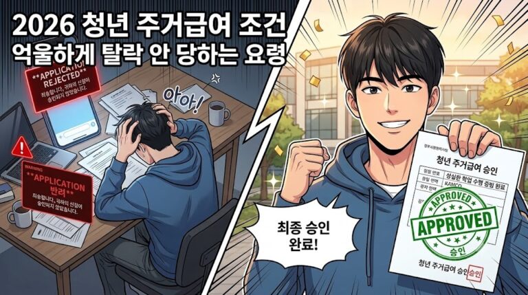 2026년 청년 주거급여 자격 조건을 충족했음에도 신청 반려 메시지를 받아 답답해하는 상황과, 이를 완벽히 해결하여 최종 승인 서류를 받아내고 환하게 웃는 청년의 모습을 극적으로 대조한 웹툰 스타일 블로그 대표 이미지