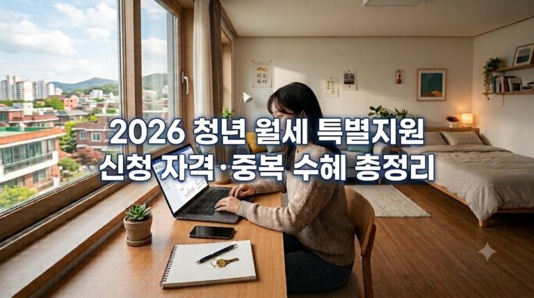 2026년 청년월세 특별지원 신청 자격과 소득 기준, 지자체 중복 수혜 환수 여부를 안내하는 깔끔한 원룸 배경의 대표 이미지