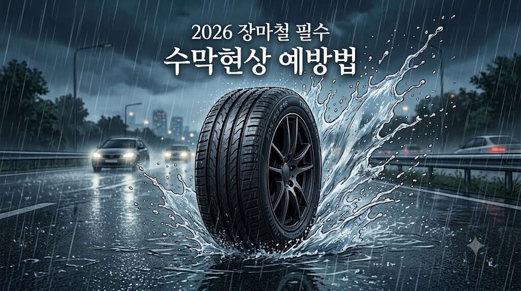 2026 장마철 필수 수막현상 예방법 타이틀이 적힌 빗길 안전 운전 자동차 타이어 대표 이미지