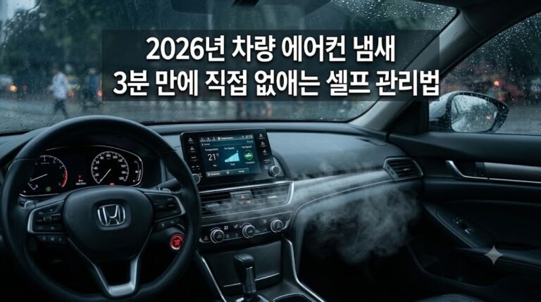 비 내리는 날 자동차 대시보드와 에어컨 송풍구를 배경으로 2026년 차량 에어컨 냄새 3분 만에 직접 없애는 셀프 관리법 타이틀 텍스트가 정갈하게 포함된 대표 이미지