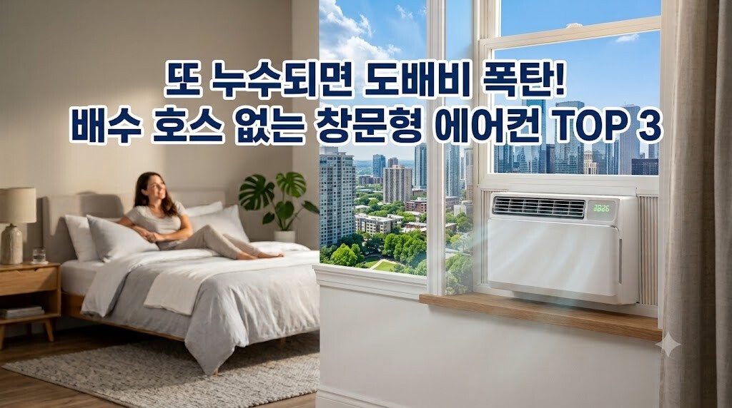 자가 증발 기능 탑재! 2026년 후회 없는 창문형 에어컨 구매 가이드 TOP 3를 적용하여 배수 호스 없는 창문형 에어컨이 작동 중인 침실 실사 사진