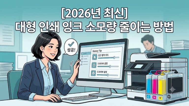 2026년 최신 대형 인쇄 잉크 소모량 줄이는 방법을 설명하기 위해 인쇄 드라이버를 설정하는 사무원의 웹툰 일러스트