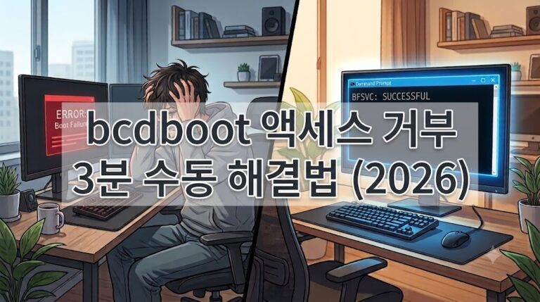 bcdboot 액세스가 거부되었습니다 오류를 수동으로 우회하여 해결하는 방법을 나타내는 웹툰 스타일의 블로그 대표 썸네일 이미지