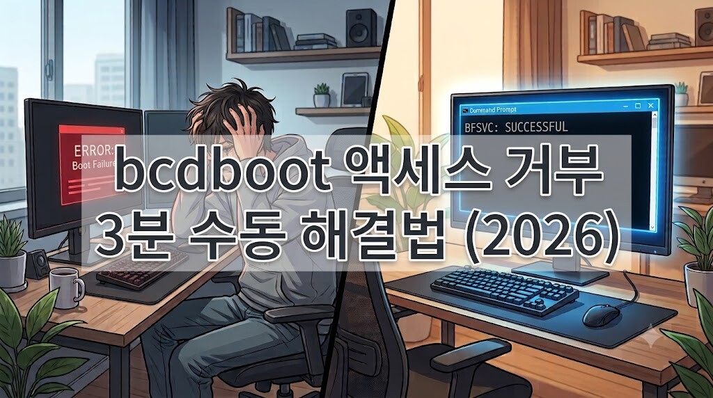 bcdboot 액세스가 거부되었습니다 오류를 수동으로 우회하여 해결하는 방법을 나타내는 웹툰 스타일의 블로그 대표 썸네일 이미지