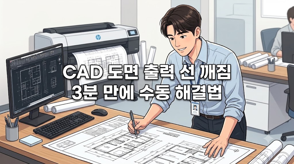 CAD 도면 출력 선 깨짐 문제를 해결하기 위한 HP 프린터 속성 기기 설정창 수동 조치 화면