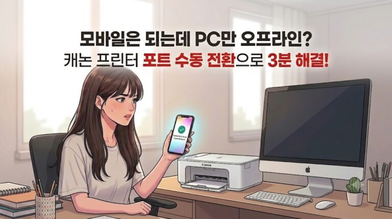 모바일에서는 되는데 PC에서만 캐논 프린터 인쇄가 안 될 때 상단 중앙에 해결 문구가 들어간 16대9 비율의 블로그 대표 썸네일 이미지