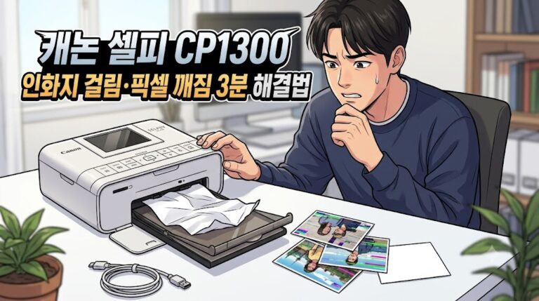 Canon 셀피 CP1300 인화지 걸림 및 인화 픽셀 깨짐 문제를 해결하기 위한 웹툰 스타일의 블로그 대표 이미지