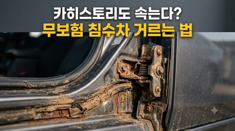 카히스토리 무보험 침수차 식별을 위해 차량 문짝 경첩과 웨더스트립 안쪽의 진흙 및 부식 흔적을 점검하는 모습